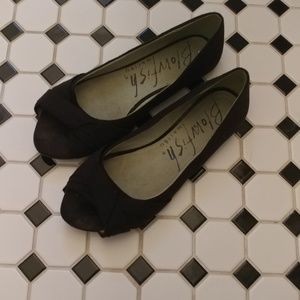 Black open toed ballet flats with bow detail